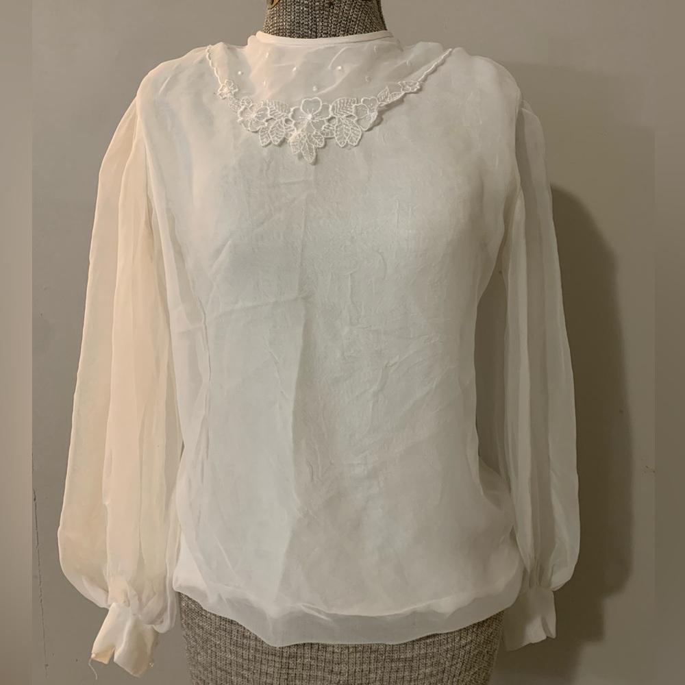 Elegant Vintage White Blouse with Sheer Sleeves